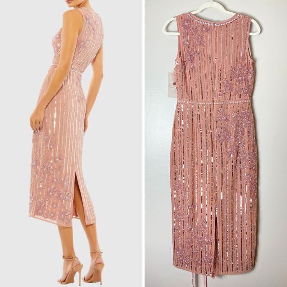 NWT MAC DUGGAL DRESS 4 PINK FLORAL BEADED SEQUIN EMBELLISHED STRIPED MIDI ROSE - Picture 2 of 16